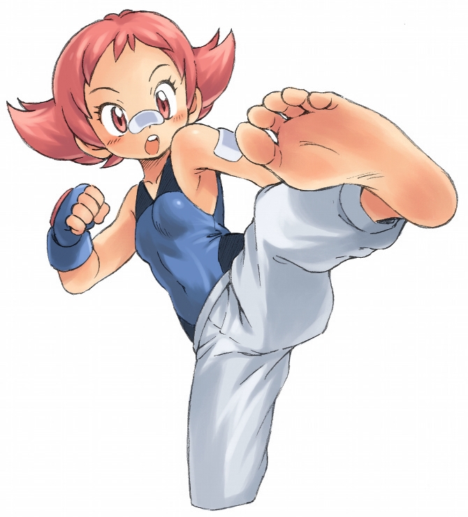 1girl, bandages, bandaid, bare_shoulders, barefoot, blush, feet, fingerless_gloves