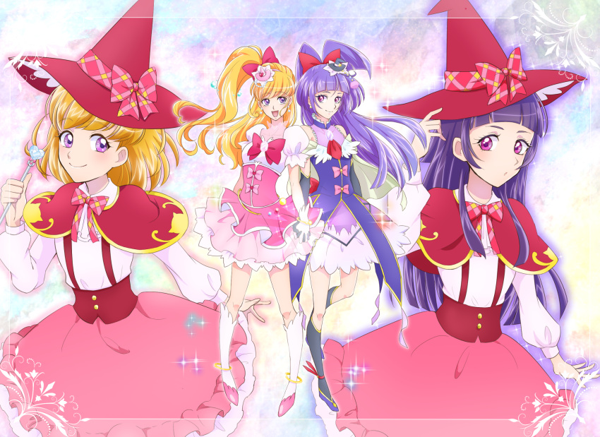 4girls, :d, asahina_mirai, black_boots, black_gloves, black_hat, blonde_hair, boots