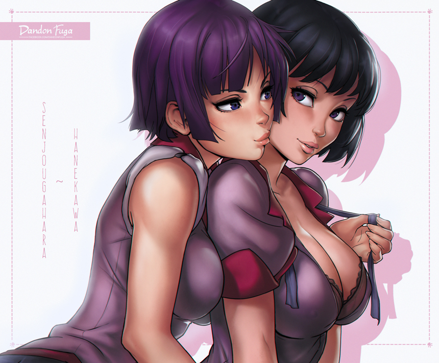 2girls, artist_name, assisted_exposure, bakemonogatari, bare_shoulders, black_bra, black_hair, blue_eyes