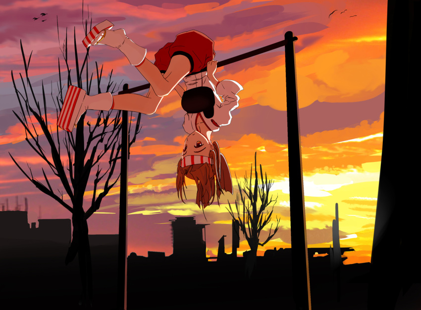 1girl, artist_request, headband, kantai_collection, monkey_bars, muneate, solo, sunset
