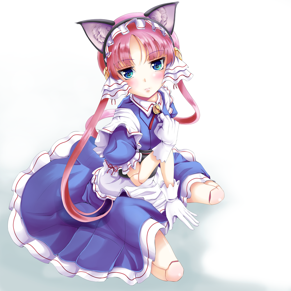 1girl, android, animal_ears, apron, blue_eyes, cat_ears, clarion, dress