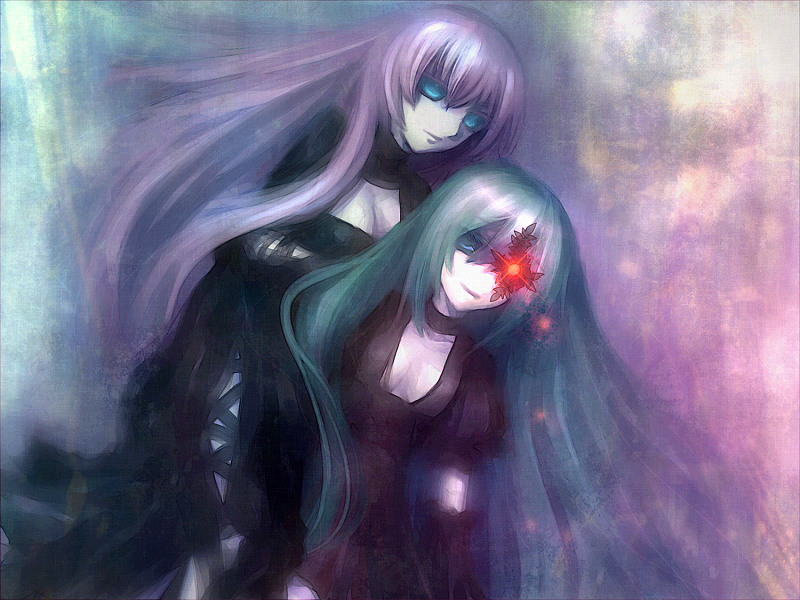 aqua_hair, bad_id, black_dress, blue_eyes, dress, glowing, glowing_eye, glowing_eyes