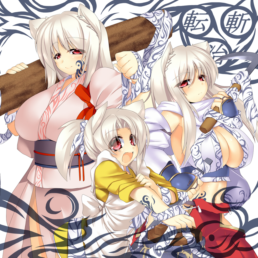 3girls, animal_ears, apron, blush, breasts, cat_ears, cleavage, facial_tattoo