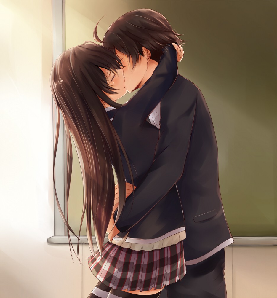1boy, 1girl, ahoge, black_hair, blazer, closed_eyes, hikigaya_hachiman, hug, kiss, long_hair, ponpon_(ponpon62126), school_uniform, thigh-highs, yahari_ore_no_seishun_lovecome_wa_machigatteiru., yukinoshita_yukino, zettai_ryouiki