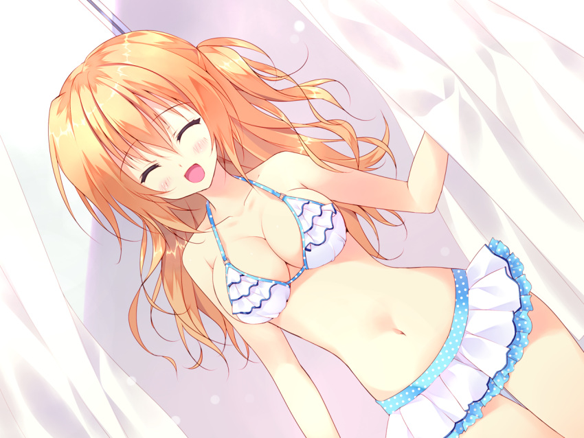1girl, bikini, blush, breasts, chiisana_kanojo_no_serenade, closed_eyes, curtains, dutch_angle, frilled_bikini, frills, game_cg, herurun, long_hair, moriya_mizuka, navel, open_mouth, orange_hair, polka_dot, polka_dot_bikini, side_ponytail, smile, solo, swimsuit