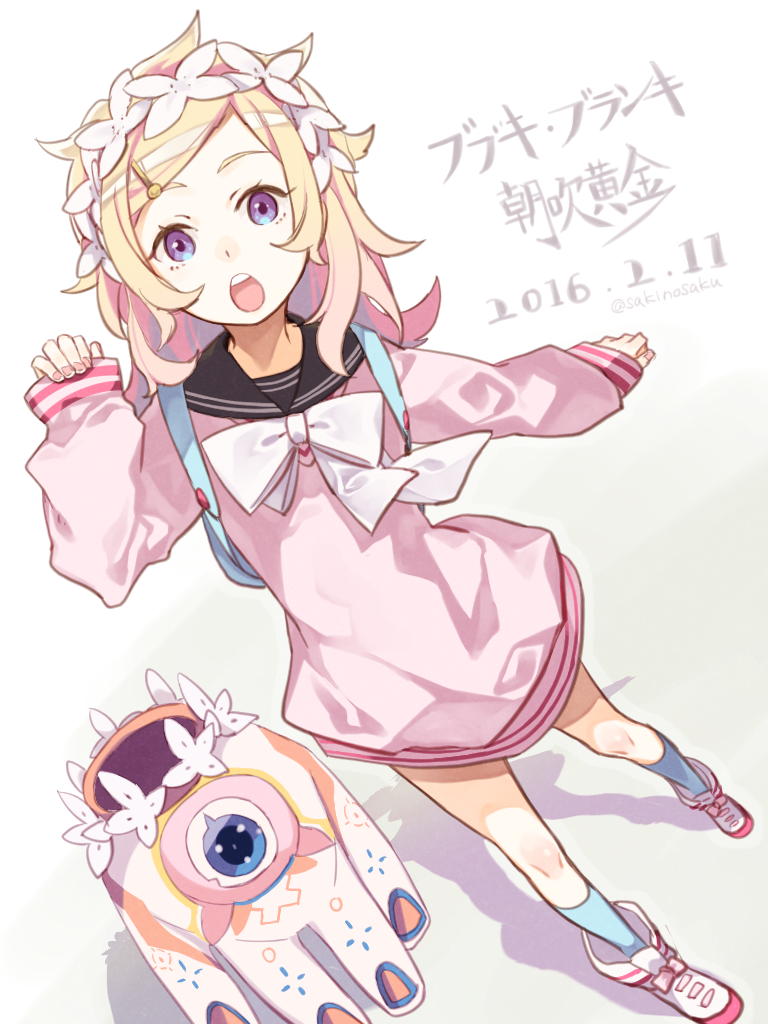 1girl, asabuki_kogane, blonde_hair, blue_eyes, bow, bubuki_buranki, dated, dress