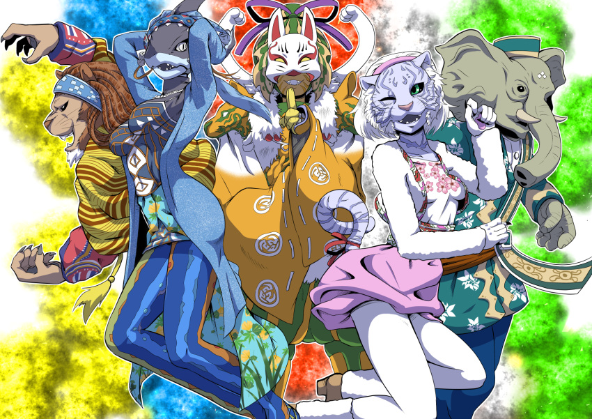 2girls, 3boys, amu_(doubutsu_sentai_zyuohger), commentary_request, doubutsu_sentai_zyuohger, elephant, female, highres, izayoi_kyuuemon, kiwa_(pokemonwars), leo_(doubutsu_sentai_zyuohger), lion, male, no_humans, sera_(doubutsu_sentai_zyuohger), shark, shuriken_sentai_ninninger, super_sentai, tiger, tusk_(doubutsu_sentai_zyuohger)