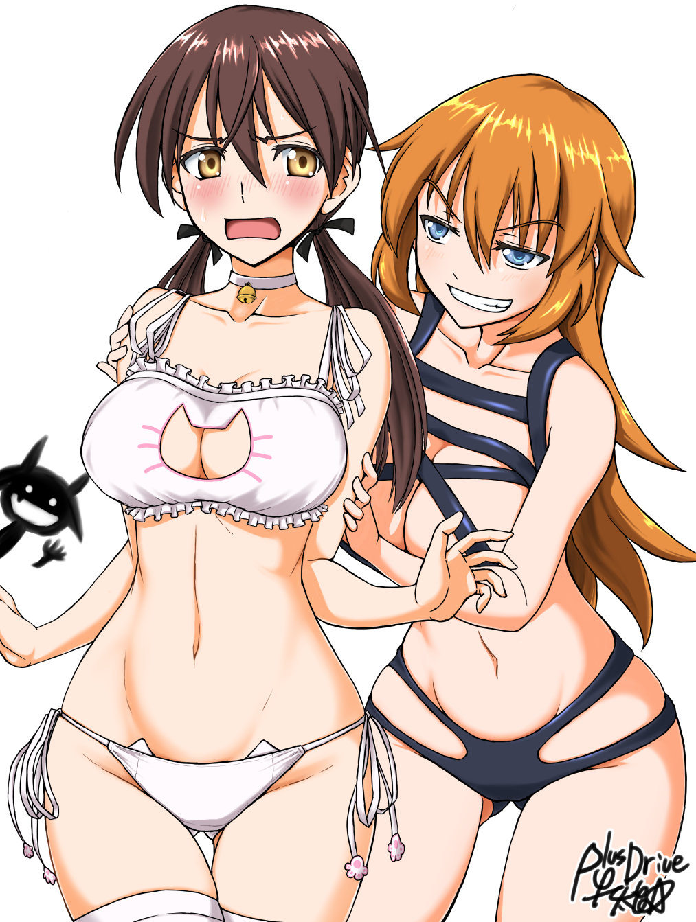 3girls, artist_name, bell, bell_collar, blue_eyes, blush, breasts, brown_hair
