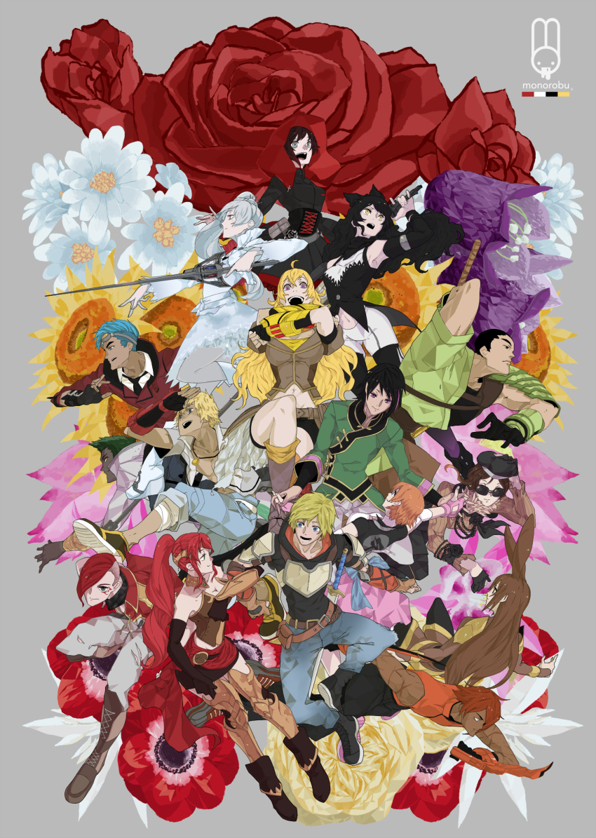 6+boys, 6+girls, ahoge, animal_ears, artist_name, asymmetrical_hair, aviator_sunglasses, bare_shoulders