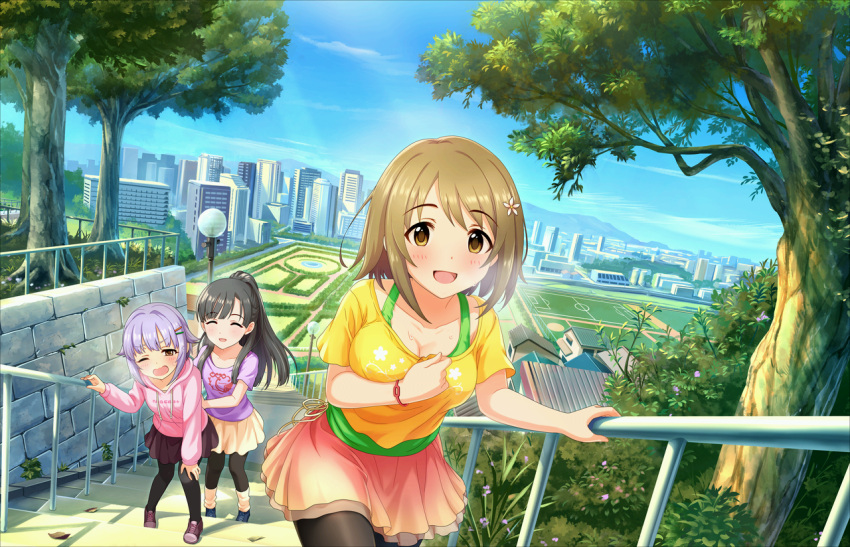 3girls, alternate_hairstyle, artist_request, black_legwear, blush, bracelet, breasts, brown_eyes