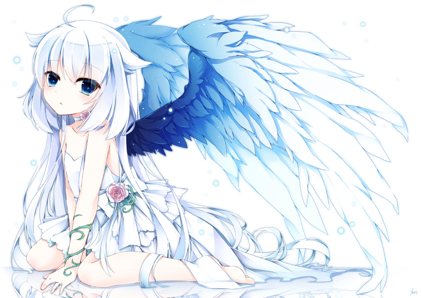 barefoot, blue_eyes, choker, dress, flower, highres, original, shiro_yurine