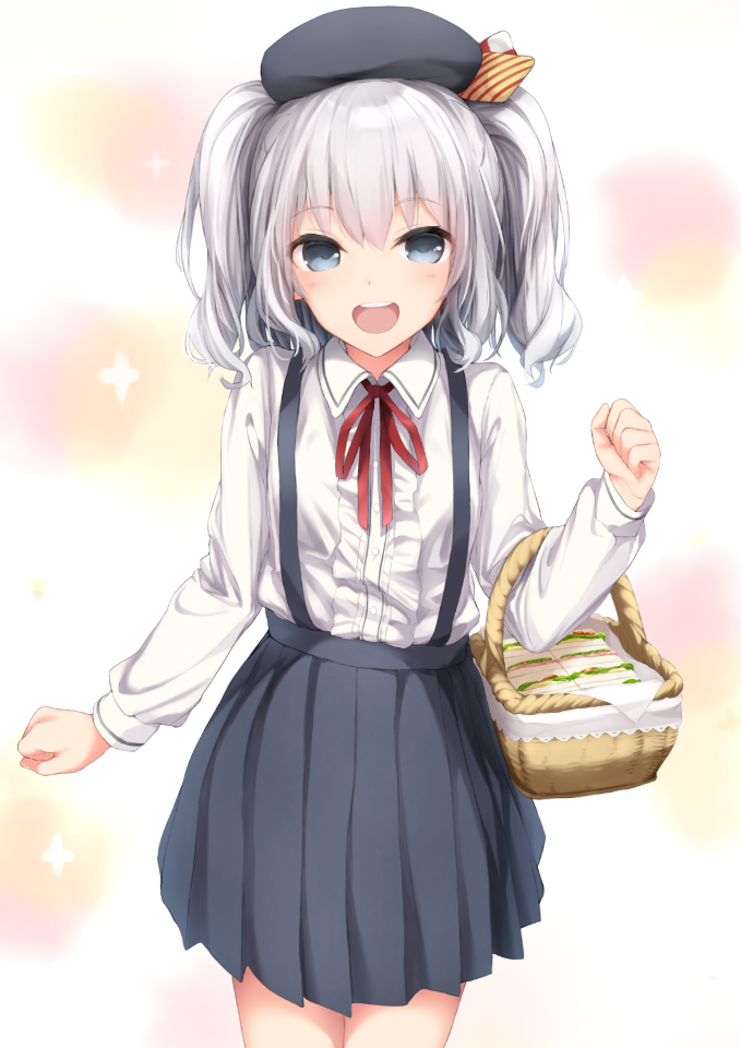 1girl, :d, alternate_costume, bangs, basket, beret, blue_eyes, blush