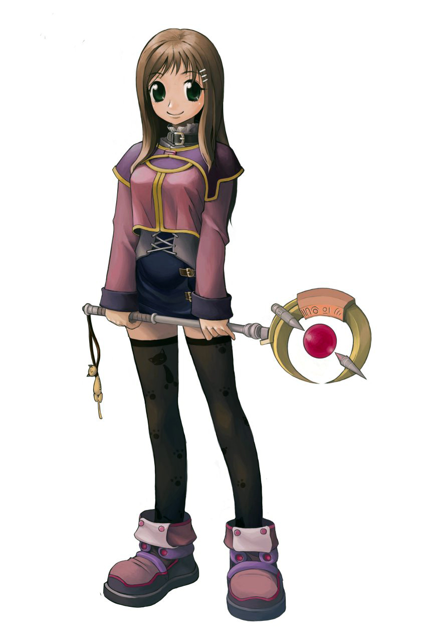 1girl, breasts, brown_hair, green_eyes, hair_ornament, hairclip, highres, long_hair, pencil_skirt, skirt, solo, sophia_esteed, star_ocean, star_ocean_till_the_end_of_time, thigh-highs
