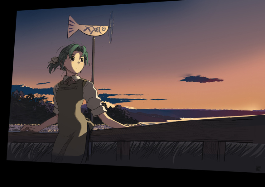 1girl, apron, ascot, bow, clouds, coast, dagashi_(place), dress_shirt, earrings, fence, field, fish, grass, green_hair, hair_blowing, hair_bow, hatsuseno_alpha, jewelry, looking_afar, ponytail, propeller, shirt, sky, sleeves_rolled_up, solo, sunset, violet_eyes, weathervane, white_bow, wind, wooden_fence