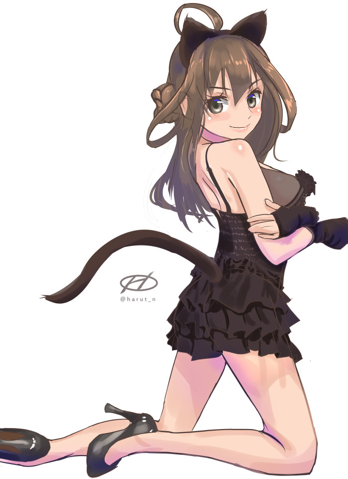 1girl, ahoge, alternate_costume, animal_ears, bare_shoulders, black_dress, breast_hold, brown_eyes