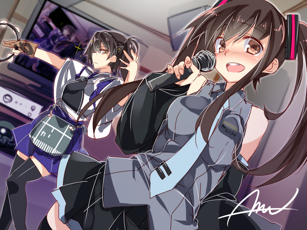 2girls, akagi_(kantai_collection), alternate_costume, alternate_hairstyle, bare_shoulders, black_legwear, black_skirt, blue_skirt