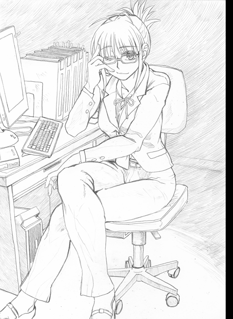 1girl, akizuki_ritsuko, antenna_hair, binder, business_suit, chair, computer_keyboard, crossed_legs