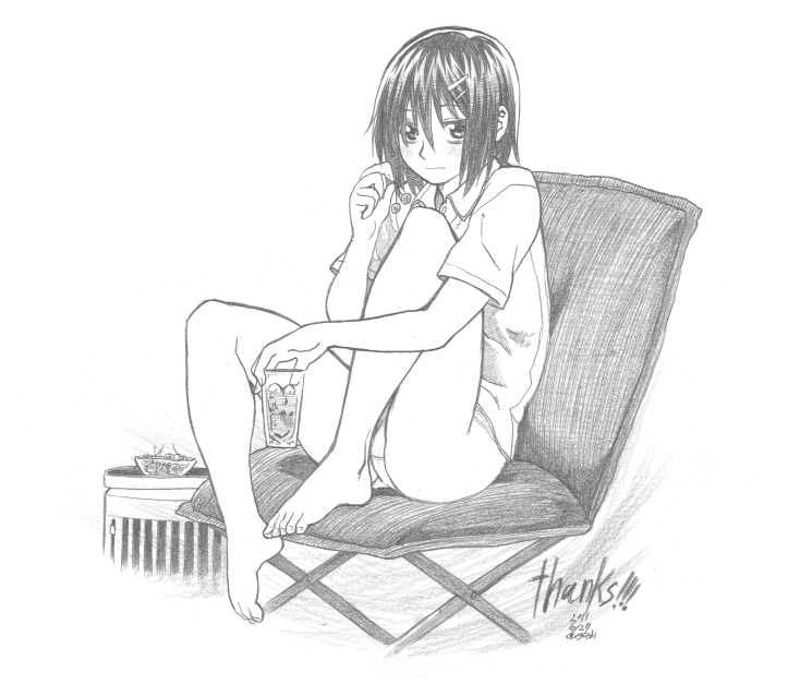 1girl, artist_name, ass, barefoot, blush, bowl, chair, cherry