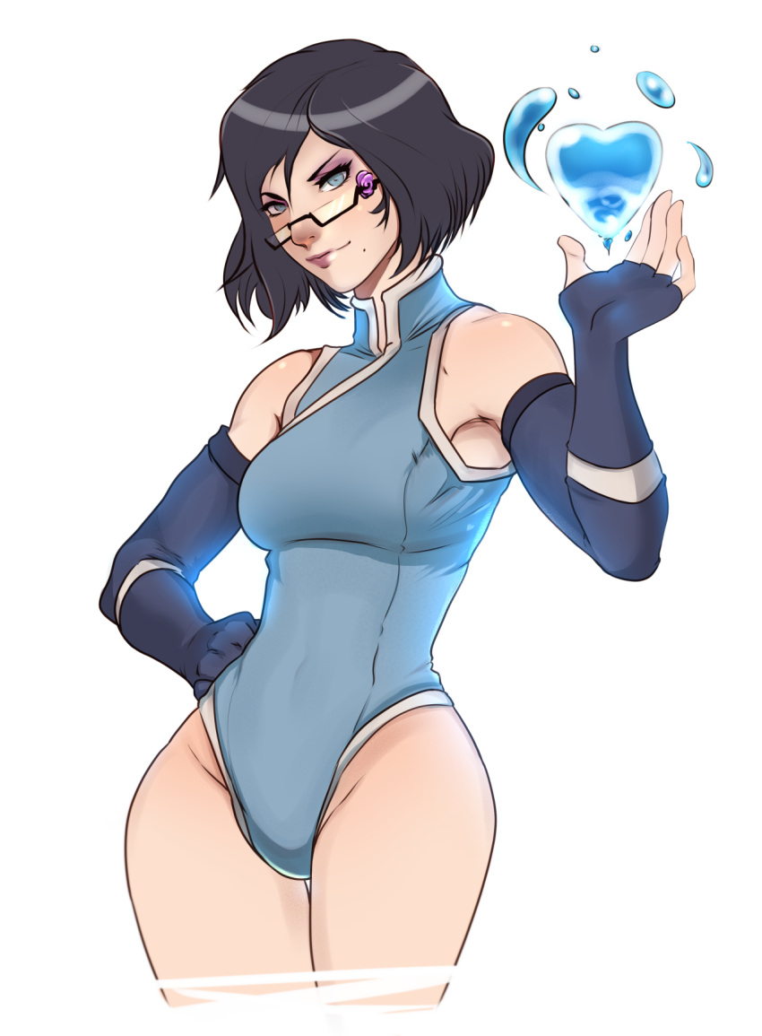 1girl, avatar:_the_last_airbender, bare_shoulders, bayonetta, bayonetta_(character), bayonetta_2, black_hair, blue_eyes