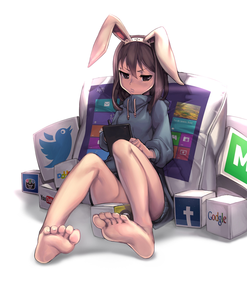 1girl, animal_ears, bare_legs, barefoot, brown_eyes, brown_hair, facebook, frown
