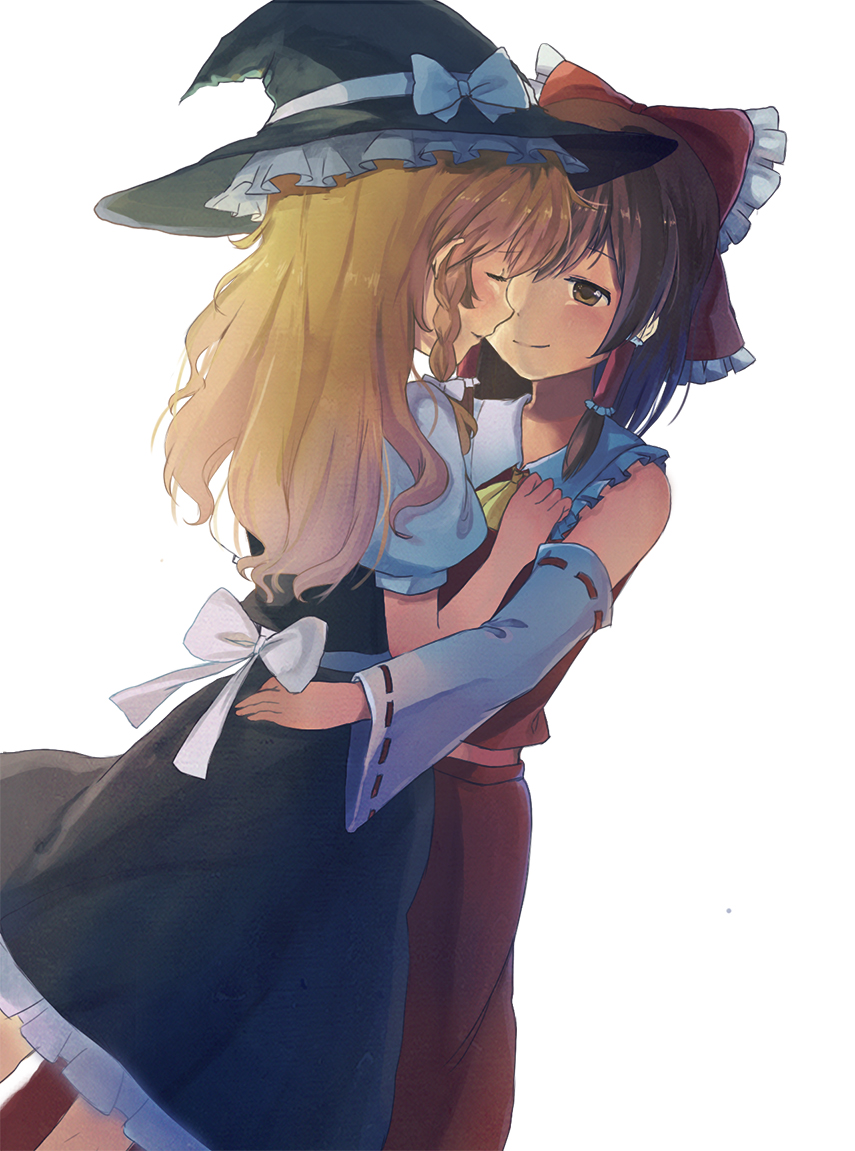 2girls, ascot, blonde_hair, blush, bow, braid, brown_eyes, brown_hair