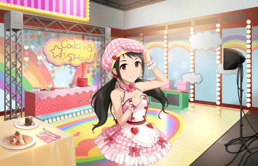1girl, artist_request, bare_shoulders, brown_eyes, cake, cooking_show, food, fork