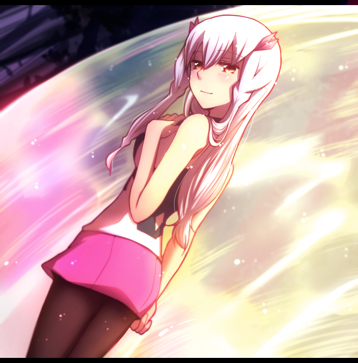 1girl, bare_shoulders, black_legwear, blush, braid, breasts, chomo_(chomo9), hair_ornament, hand_on_own_chest, letterboxed, looking_back, majestic_prince, pantyhose, skirt, smile, solo, theoria, twin_braids, white_hair, yellow_eyes
