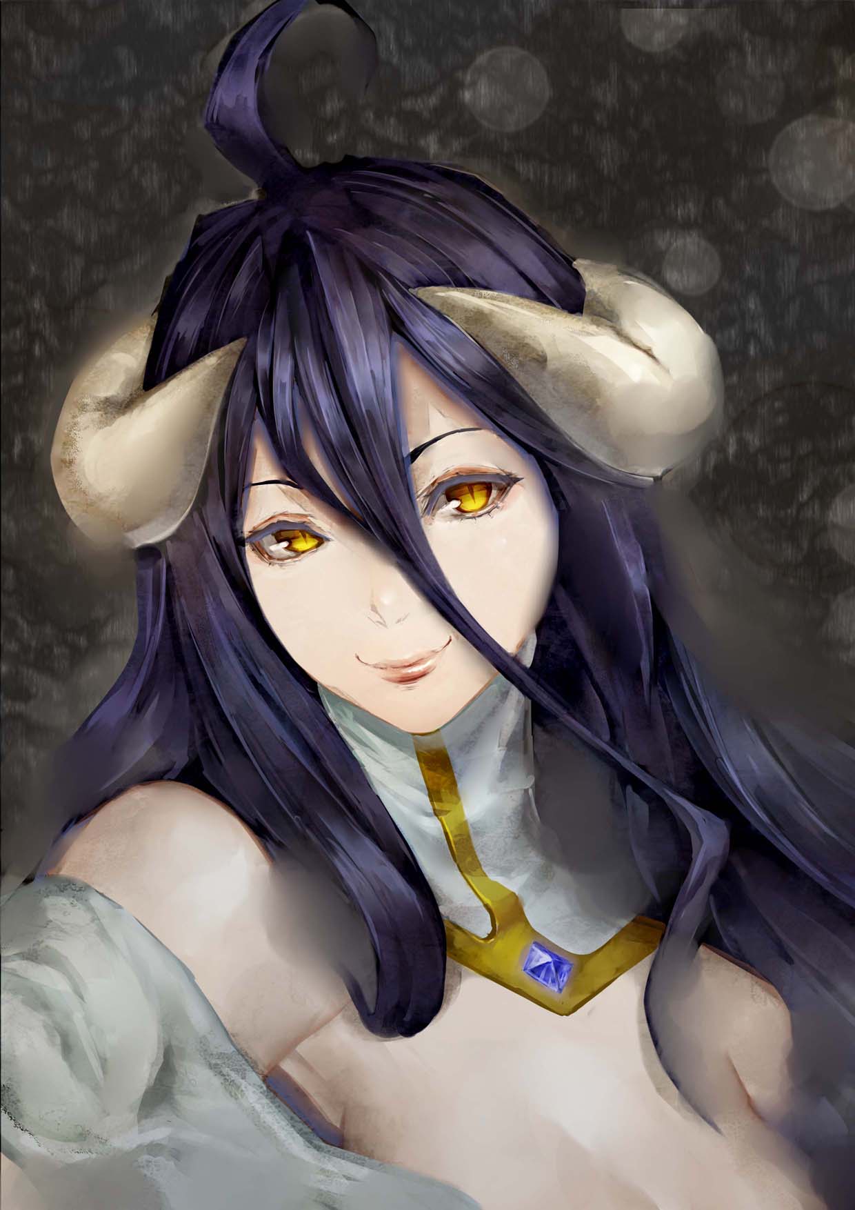 1girl, ahoge, albedo, bare_shoulders, black_hair, breasts, cleavage, detached_collar