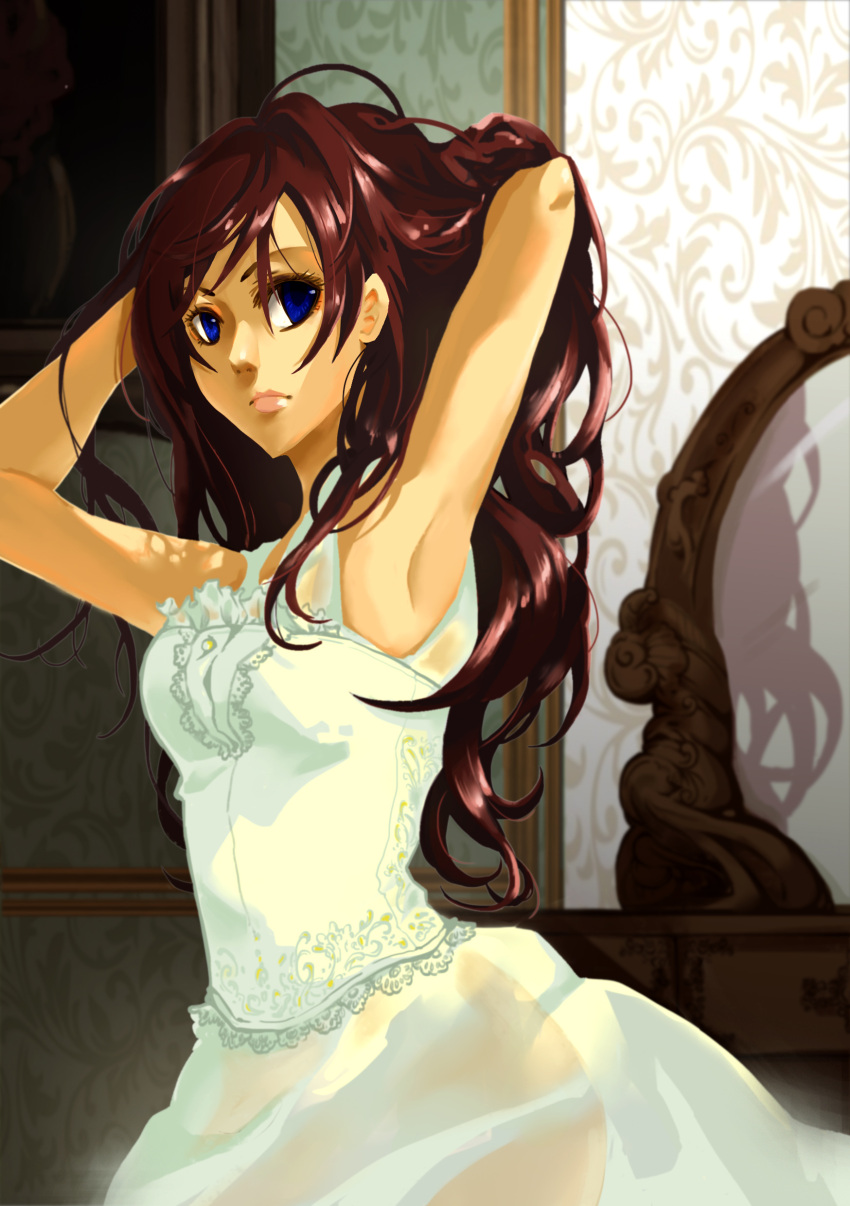 1girl, absurdres, armpits, arms_up, assassin's_creed:_unity, assassin's_creed_(series), blue_eyes, dress