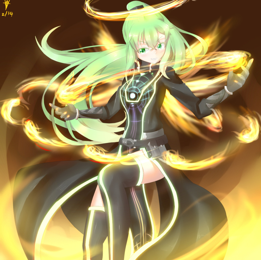 1girl, crota, destiny_(game), fire, genderswap, gloves, green_eyes, green_hair