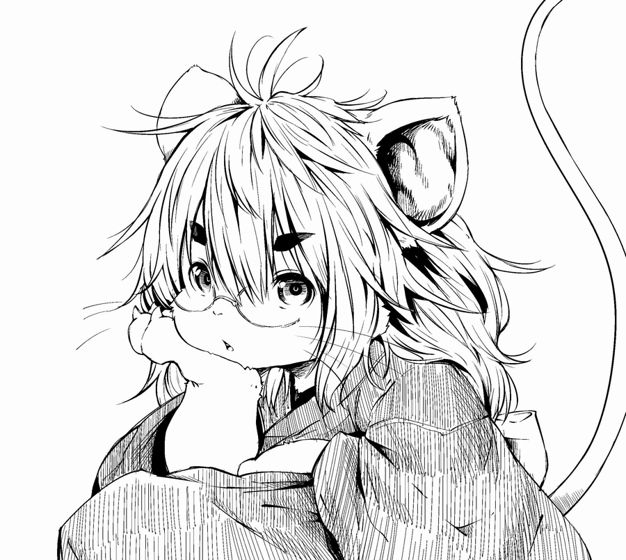 animal_ears, furry, glasses, monochrome, original, rai-rai, simple_background, solo