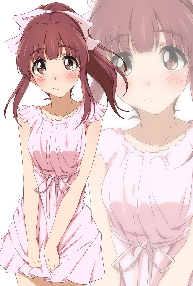 1girl, blush, brown_eyes, brown_hair, dress, hitotsuki_nanoka, idolmaster, idolmaster_cinderella_girls, ogata_chieri, ponytail, solo