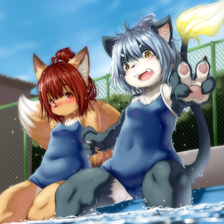 2girls, animal_ears, blue_hair, blush, feet_in_water, furry, multiple_girls, open_mouth