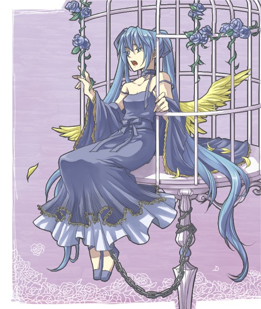 blue_eyes, blue_hair, blue_rose, cage, canary_(vocaloid), chain, chains, dress, flower, haikyo, hatsune_miku, long_hair, ribbon, rose, sitting, twintails, very_long_hair, vocaloid, wings