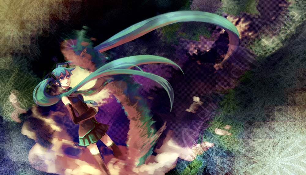 aqua_hair, detached_sleeves, hatsune_miku, long_hair, necktie, skirt, sumitani, thigh-highs
