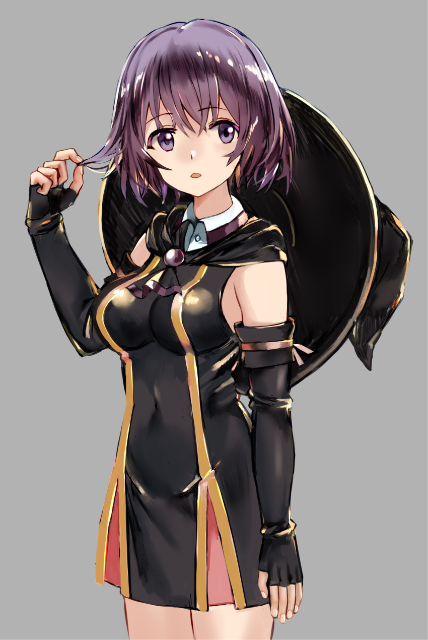 1girl, bare_shoulders, black_dress, black_gloves, breasts, capelet, commentary_request, covered_navel
