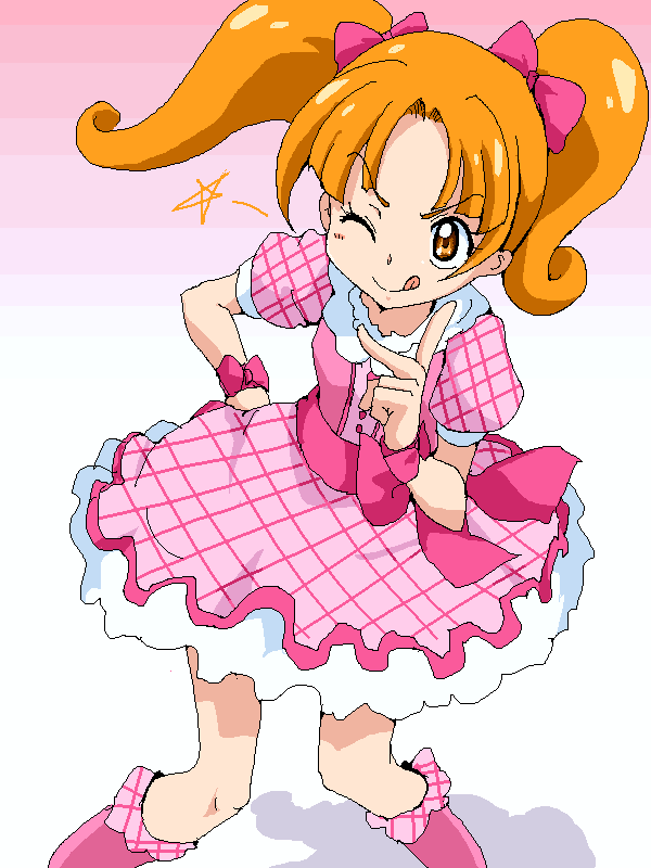 1girl, ;q, bow, brown_eyes, brown_hair, full_body, go!_princess_precure, hair_bow