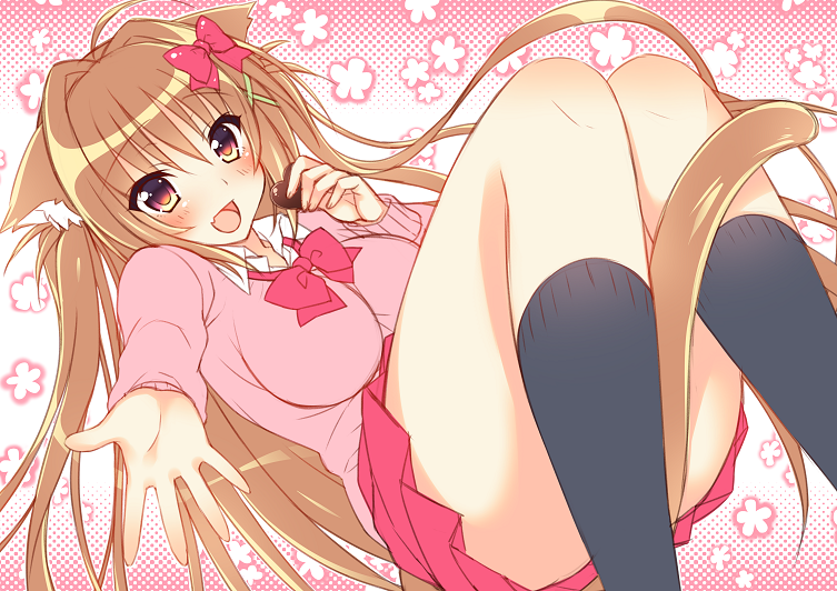 1girl, :d, akashi_(akashimichi), animal_ears, blush, bow, breasts, brown_hair