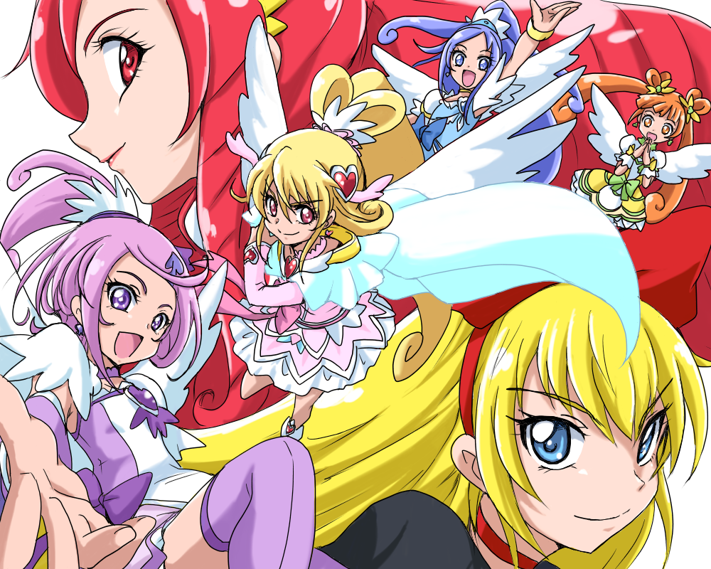 6+girls, :d, aida_mana, arm_warmers, blonde_hair, blue_bow, blue_eyes, blue_hair