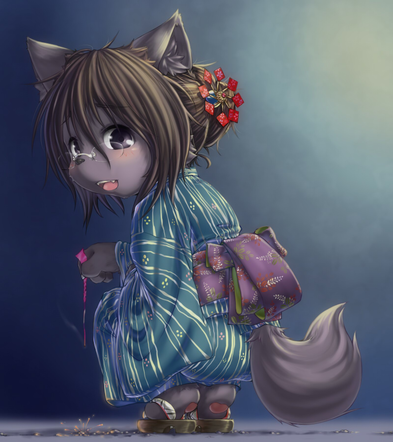 1girl, animal_ears, furry, glasses, japanese_clothes, kimono, open_mouth, rai-rai
