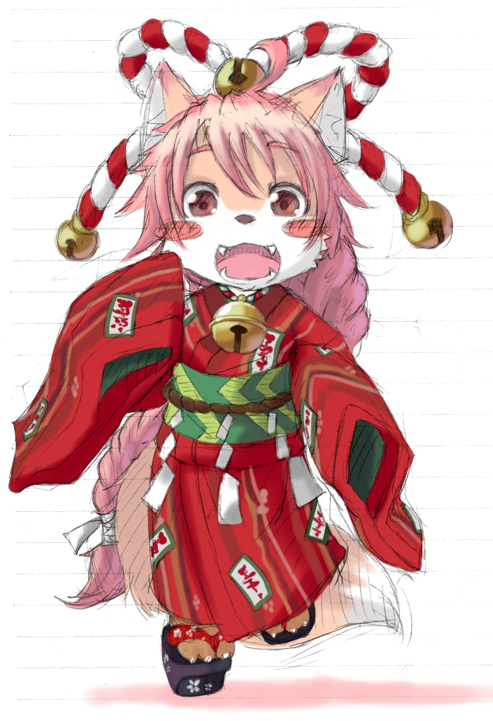 1girl, animal_ears, bell, fox_ears, fox_tail, furry, japanese_clothes, kimono