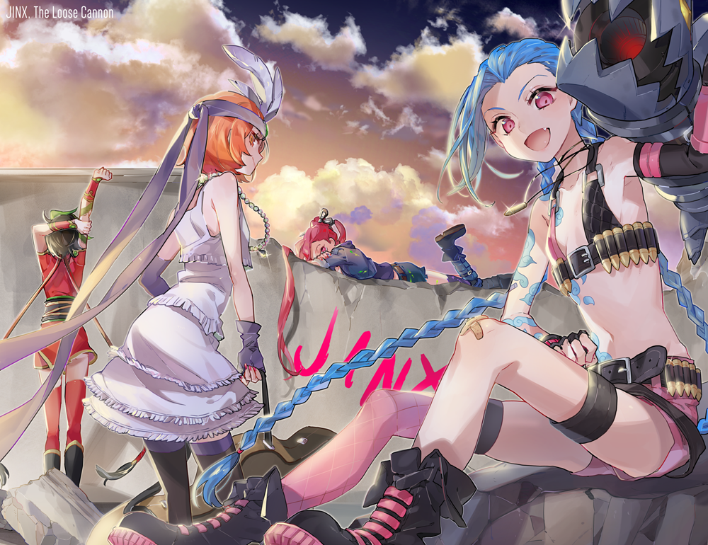 4girls, alternate_costume, bandaid, bare_shoulders, black_boots, black_gloves, black_legwear, blue_hair