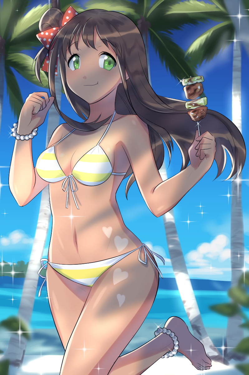 1girl, anklet, barefoot, beach, bikini, bracelet, breasts, brown_hair