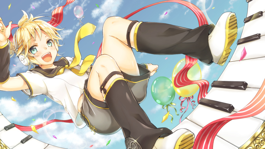 1boy, aqua_eyes, balloon, blonde_hair, headset, kagamine_len, mii_no_suke, open_mouth