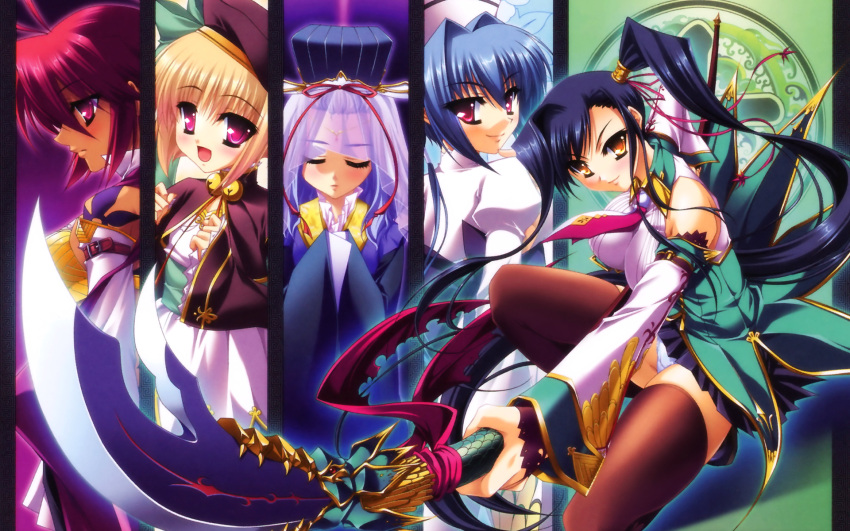1920x1200, black_hair, blonde_hair, blue_hair, highres, kan'u, kanu, katagiri_hinata, koihime_musou, koumei, polearm, red_hair, ryofu, shokatsuryou, spear, toutaku, wallpaper, weapon