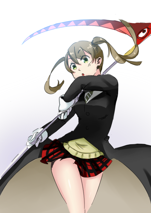 1girl, 3four, blonde_hair, colored, green_eyes, jacket, maka_albarn, necktie
