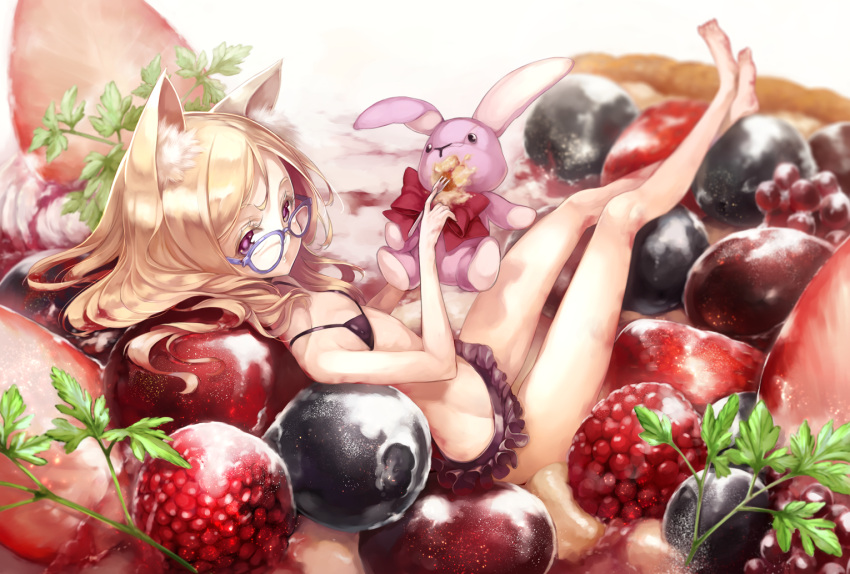 1girl, animal_ears, bangs, barefoot, bikini, bikini_skirt, blonde_hair, blue-framed_glasses