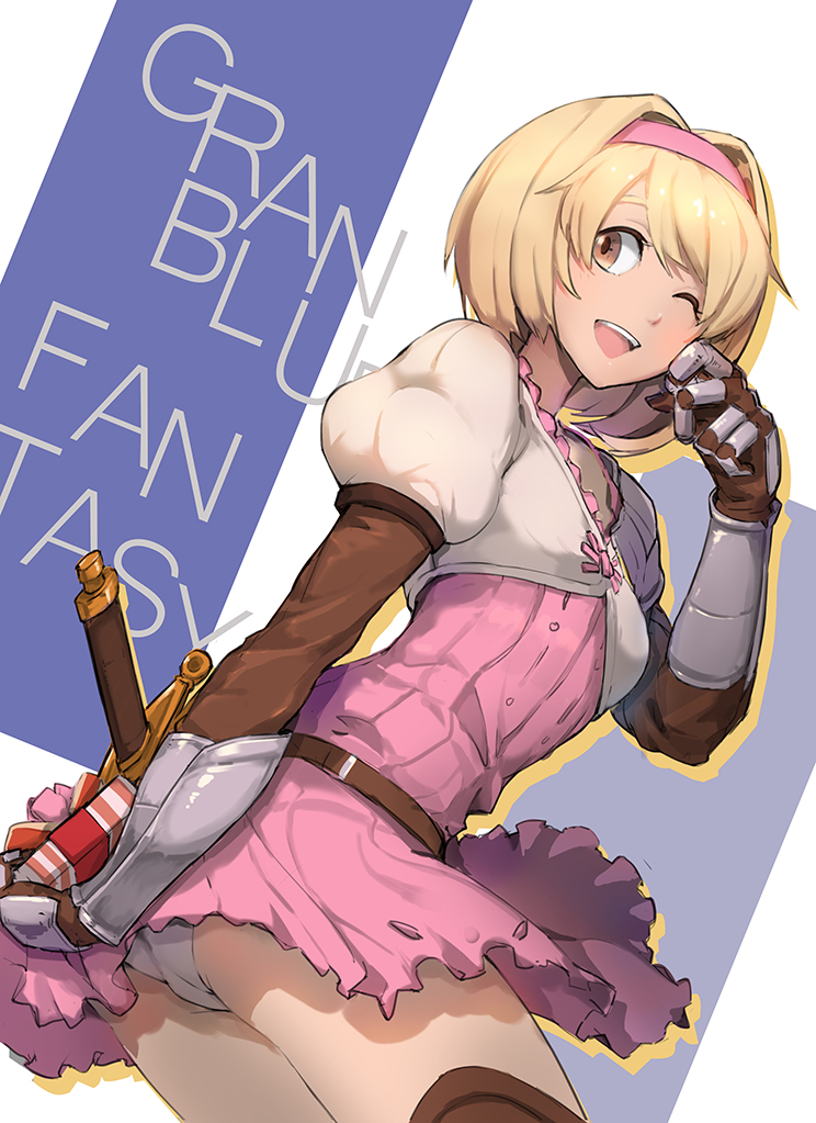 1girl, ;d, behind_back, belt, blonde_hair, blue_background, boots, bow