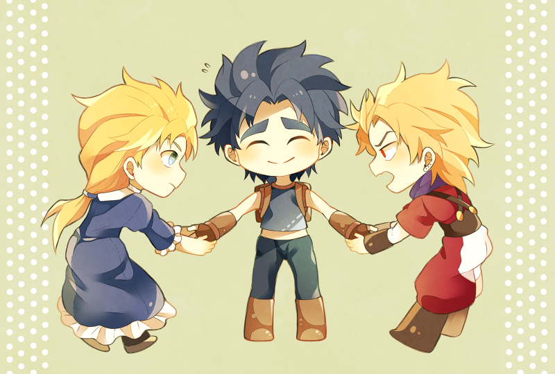 1girl, 2boys, backpack, bag, birthmark, blonde_hair, blue_dress, blue_eyes