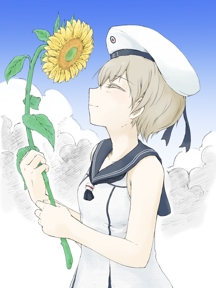 1girl, alternate_costume, closed_eyes, clouds, dress, flower, hat, holding